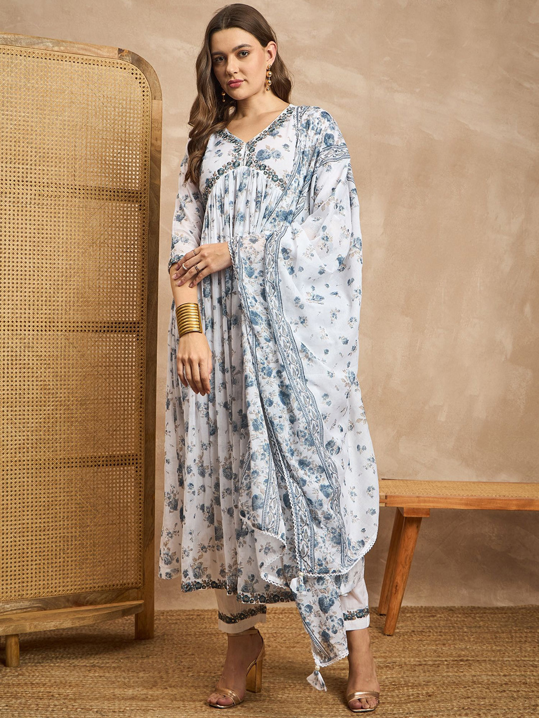 all about you White & Blue Floral Printed V-Neck Anarkali Kurta with Trouser & Dupatta