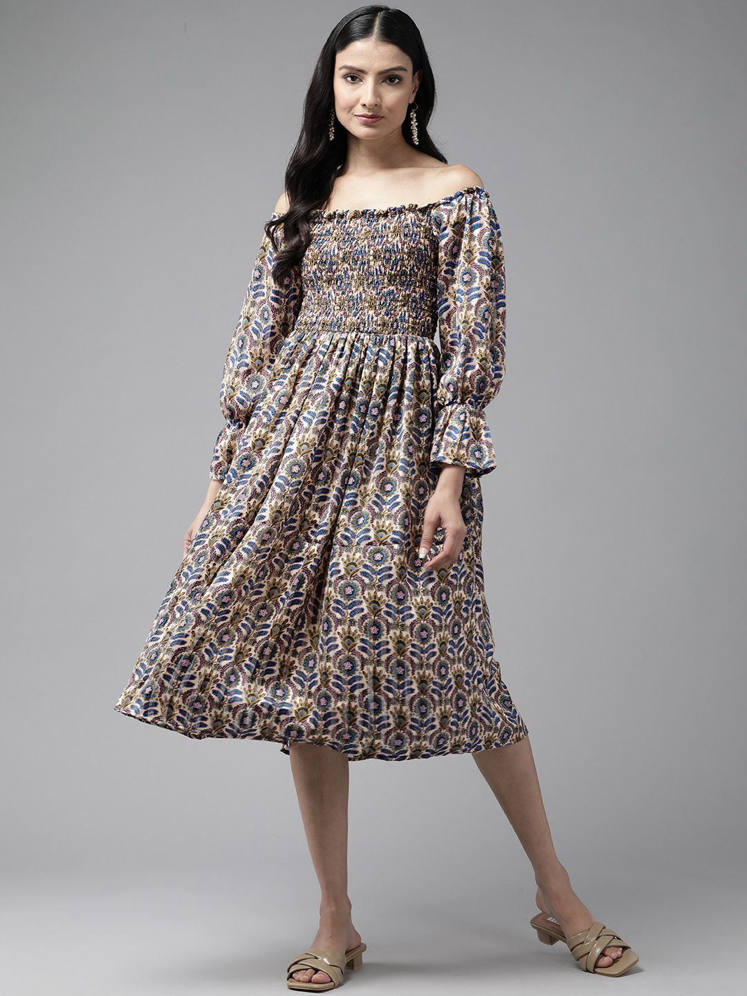 BAESD Women's Floral Off-Shoulder Bell Sleeve Fit & Flare Midi Dress