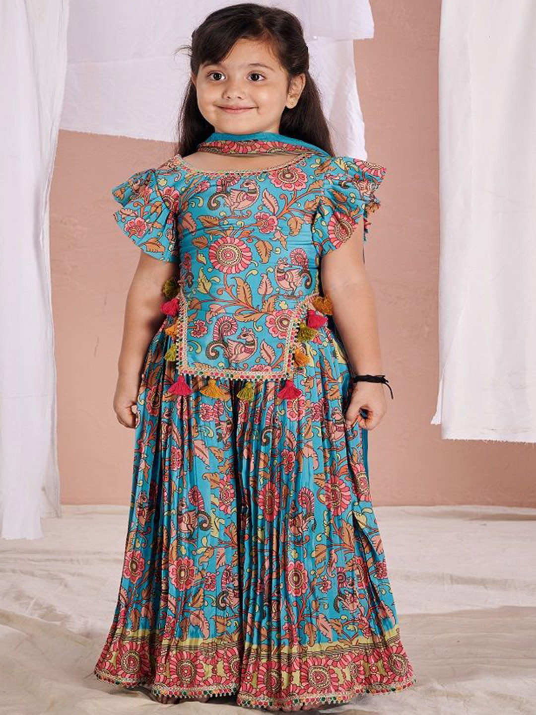 Vivedkids Girls Kalamkari Printed Regular Top With Palazzo & Dupatta