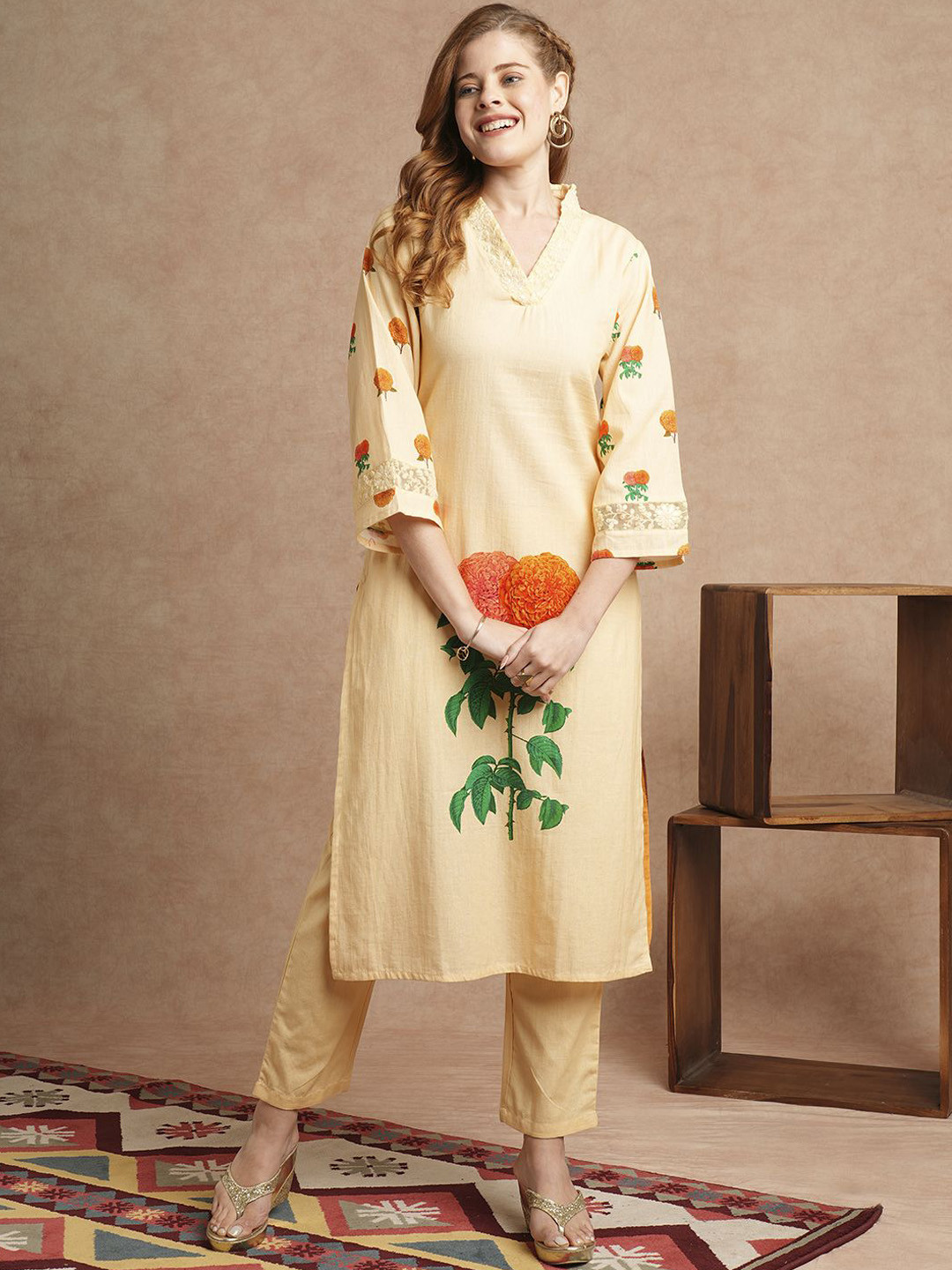 FASHOR Cream and Orange Floral Printed V-Neck Pure Cotton Straight Kurta with Trouser