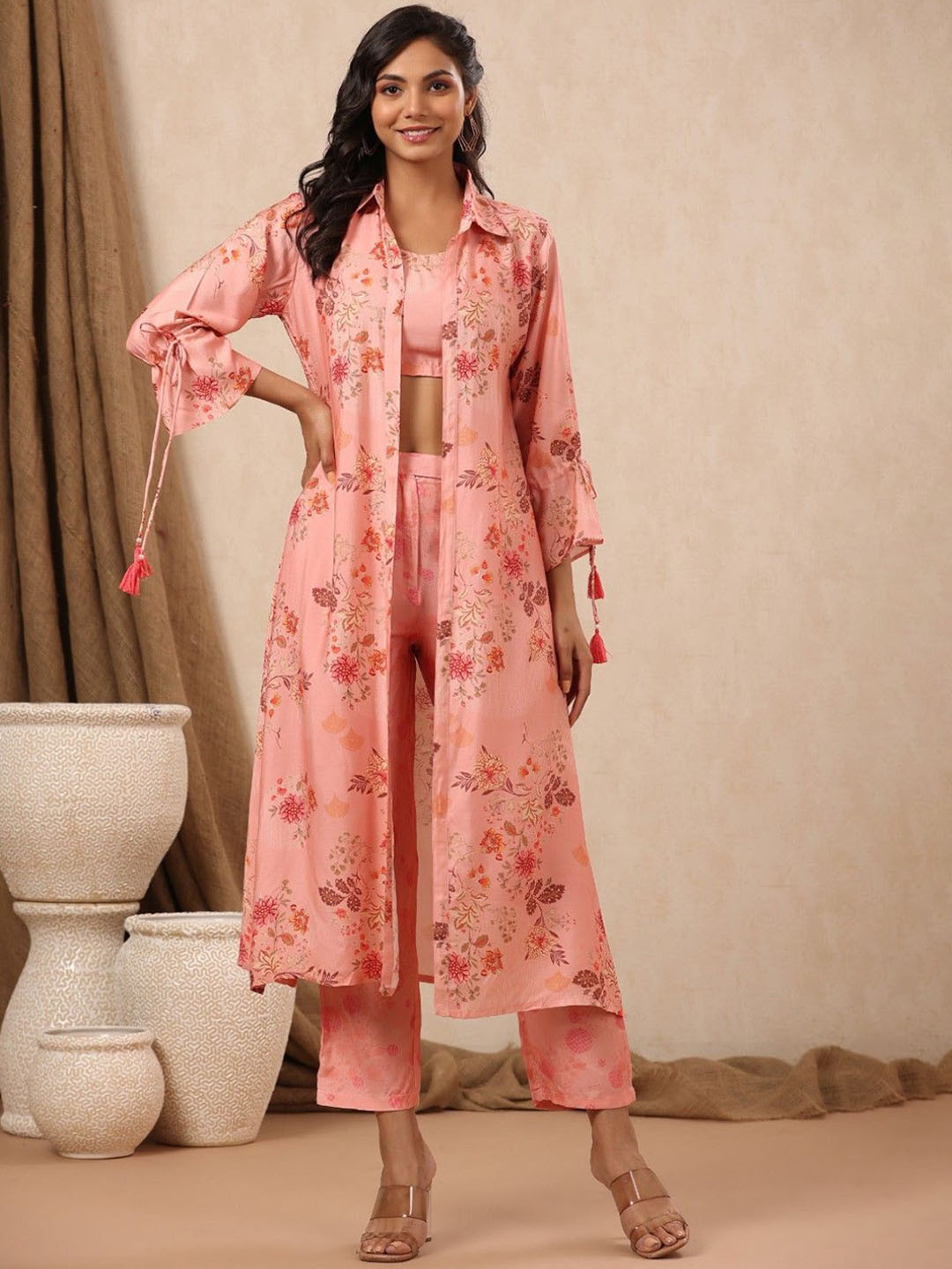 AUTUMN LANE Floral Printed Pure Cotton Crop Top With Trouser & Shrug