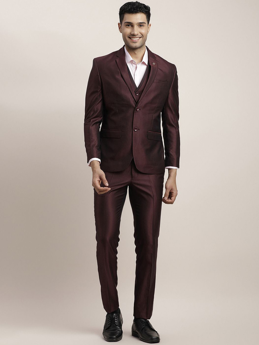 Turtle Men Brown Self Design Notched Lapel Long Sleeves Three Piece Party Suit