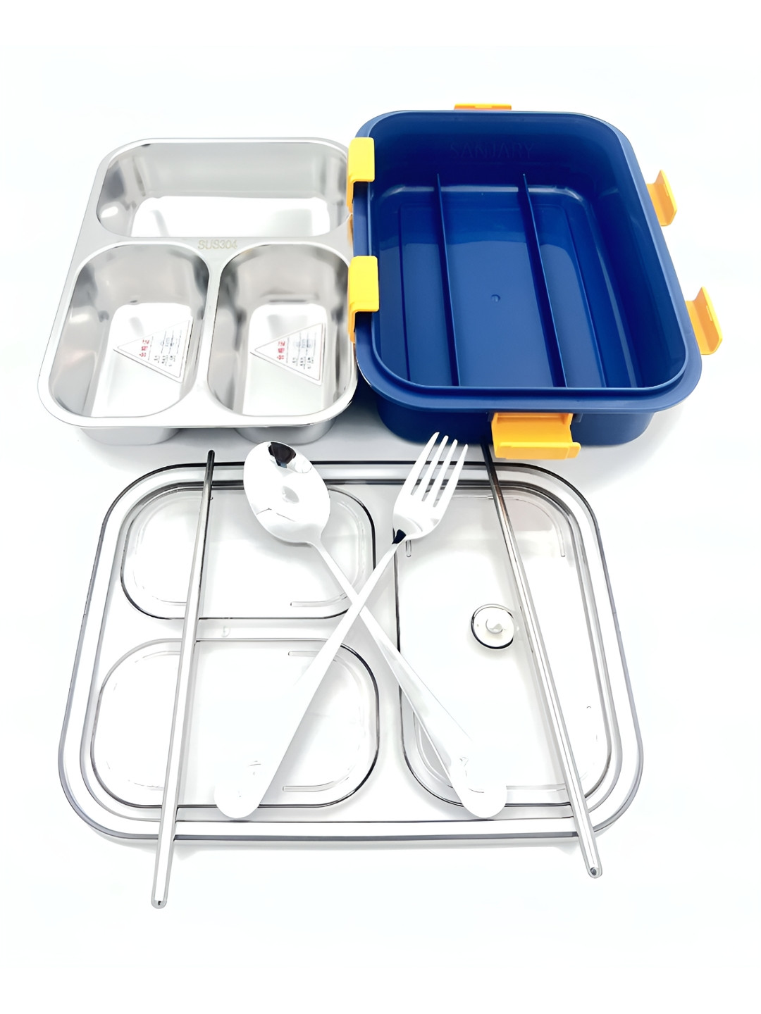 NeonateCare 3 Grid Blue Solid Plastic Dishwasher Safe 1PCs Lunch Box With Spoon and Fork