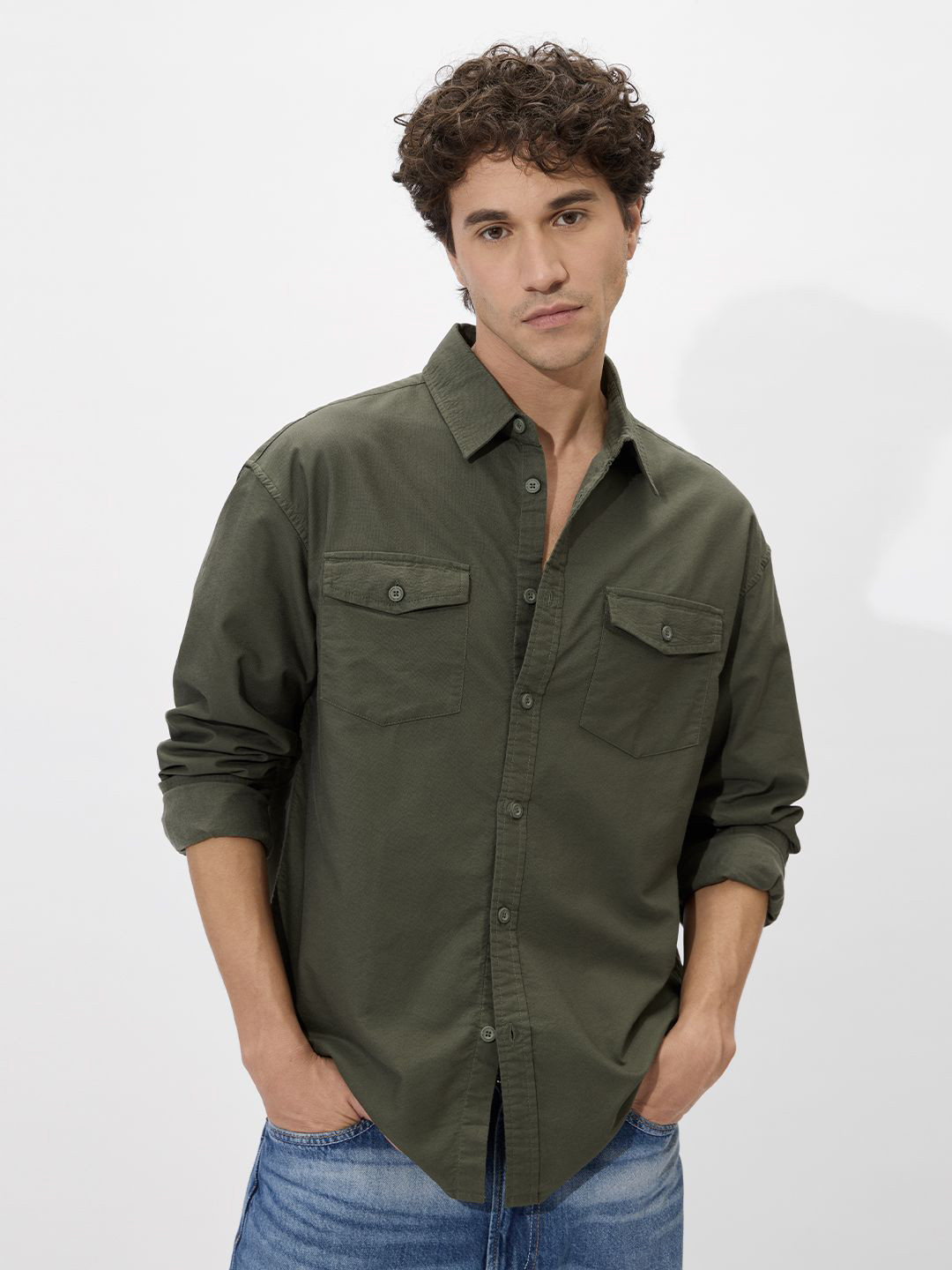 The Souled Store Men Solids: Olive Green Olive Relaxed Fit Utility Shirts