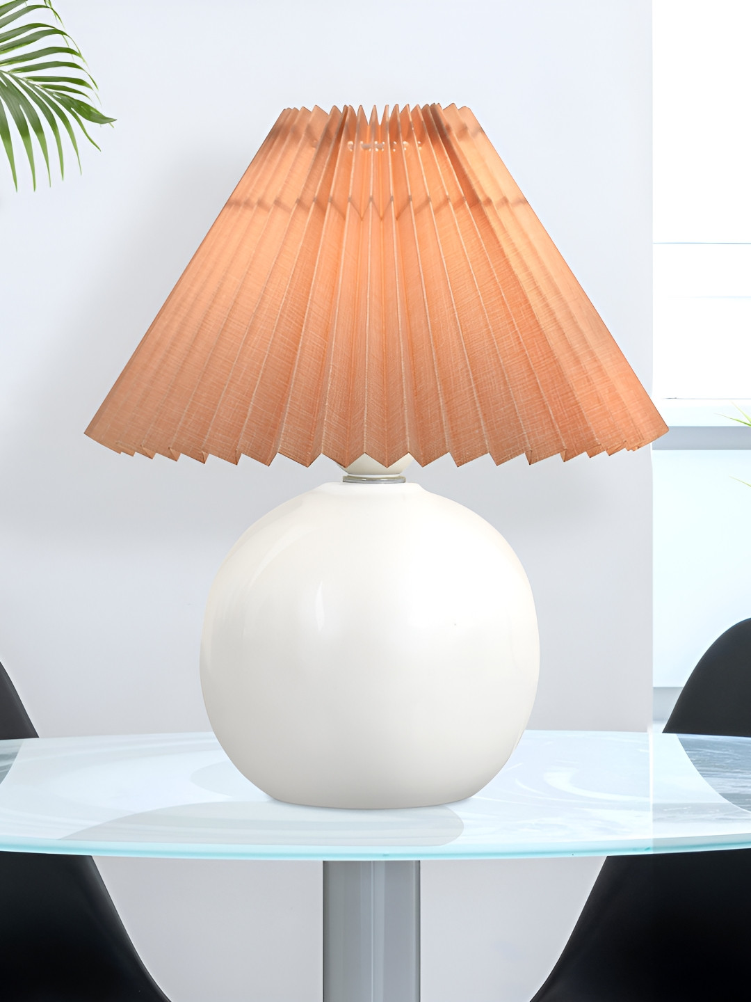 Homesake Beige & White Textured Ceramic Frustum Table Lamp With Shade