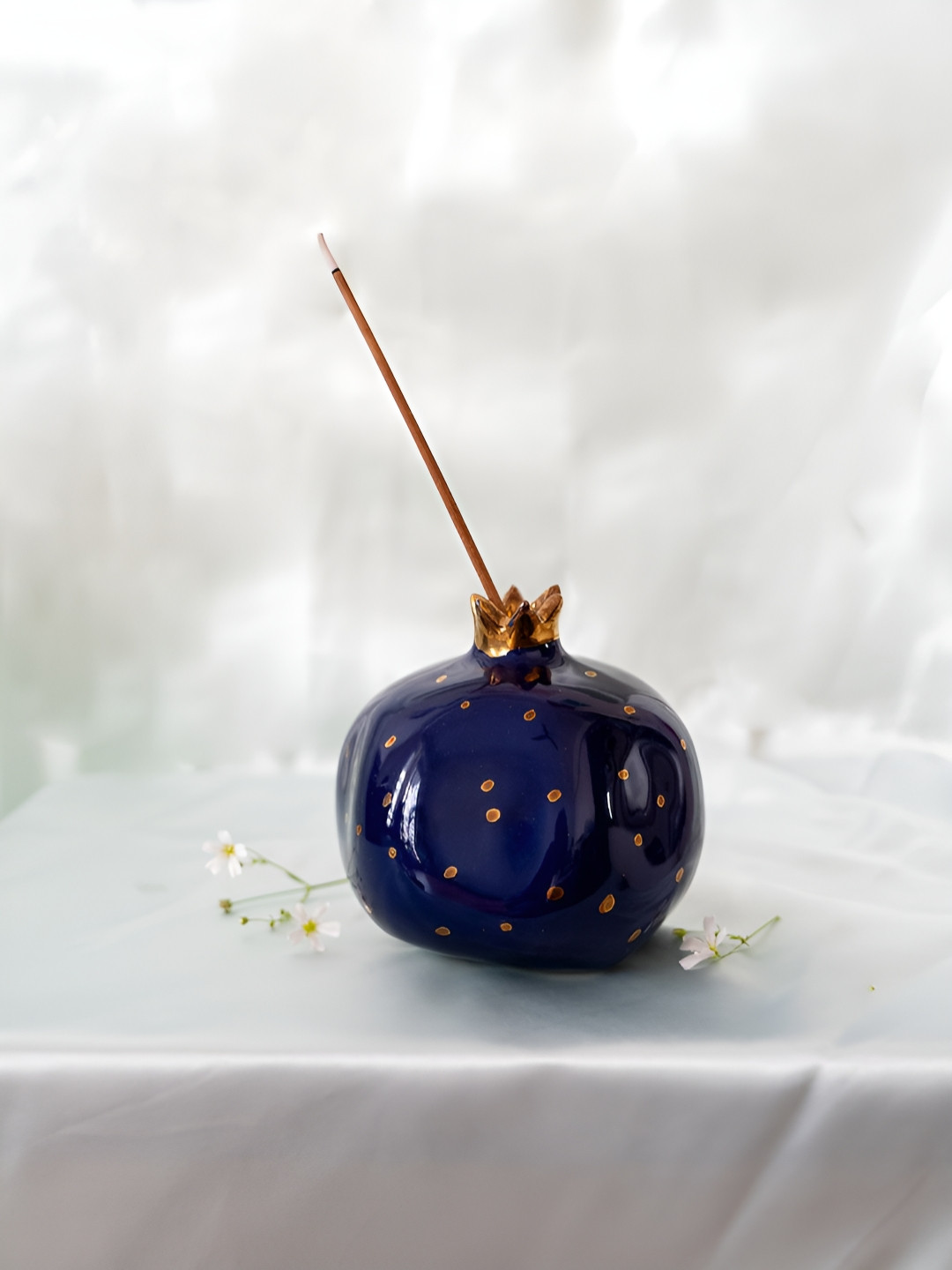 Glimpse Homes Pomegranate with Gold Crown Blue Ceramic Natural Living Room Small Showpiece - 3.9 Inches