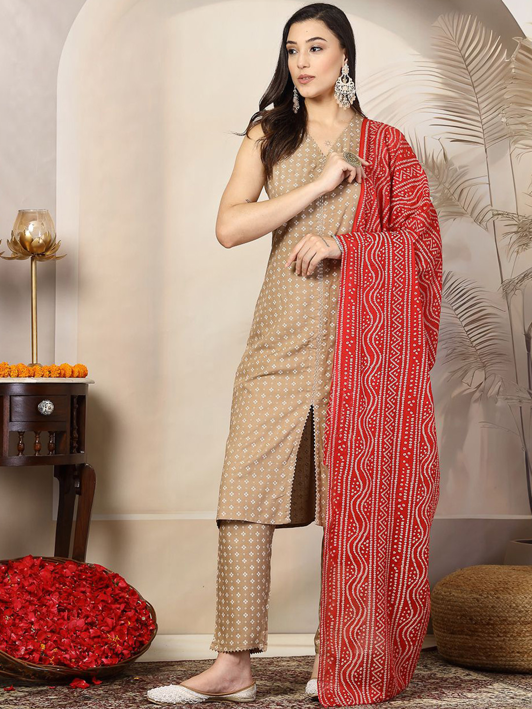 Stylum Beige & Red Bandhani Printed Gotta Patti Straight Kurta & Trousers With Dupatta