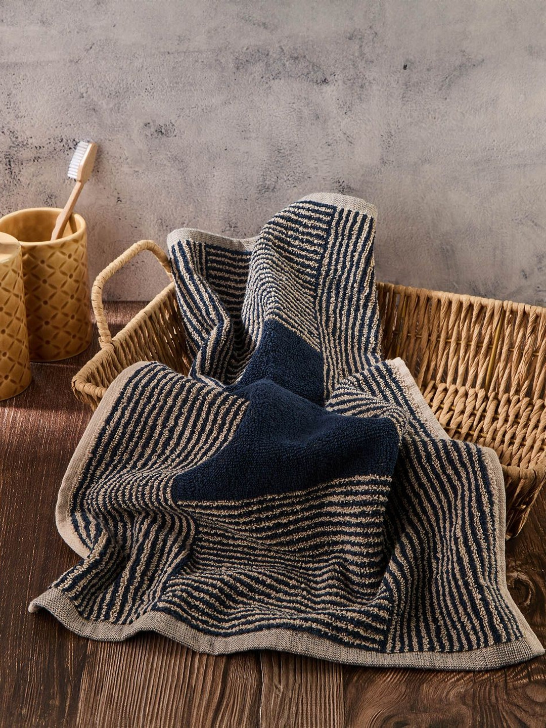 Fabindia Navy Blue Striped Cotton 570GSM Super Soft Adult Regular Bath Towel-15x24In