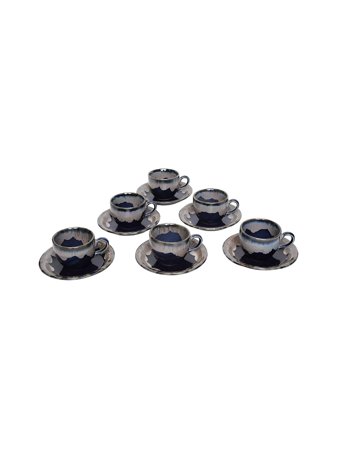 AMALAFIEE CERAMICS Blue & Lavender 6 Pcs Painted Ceramic Glossy Cups and Saucers 240 ml