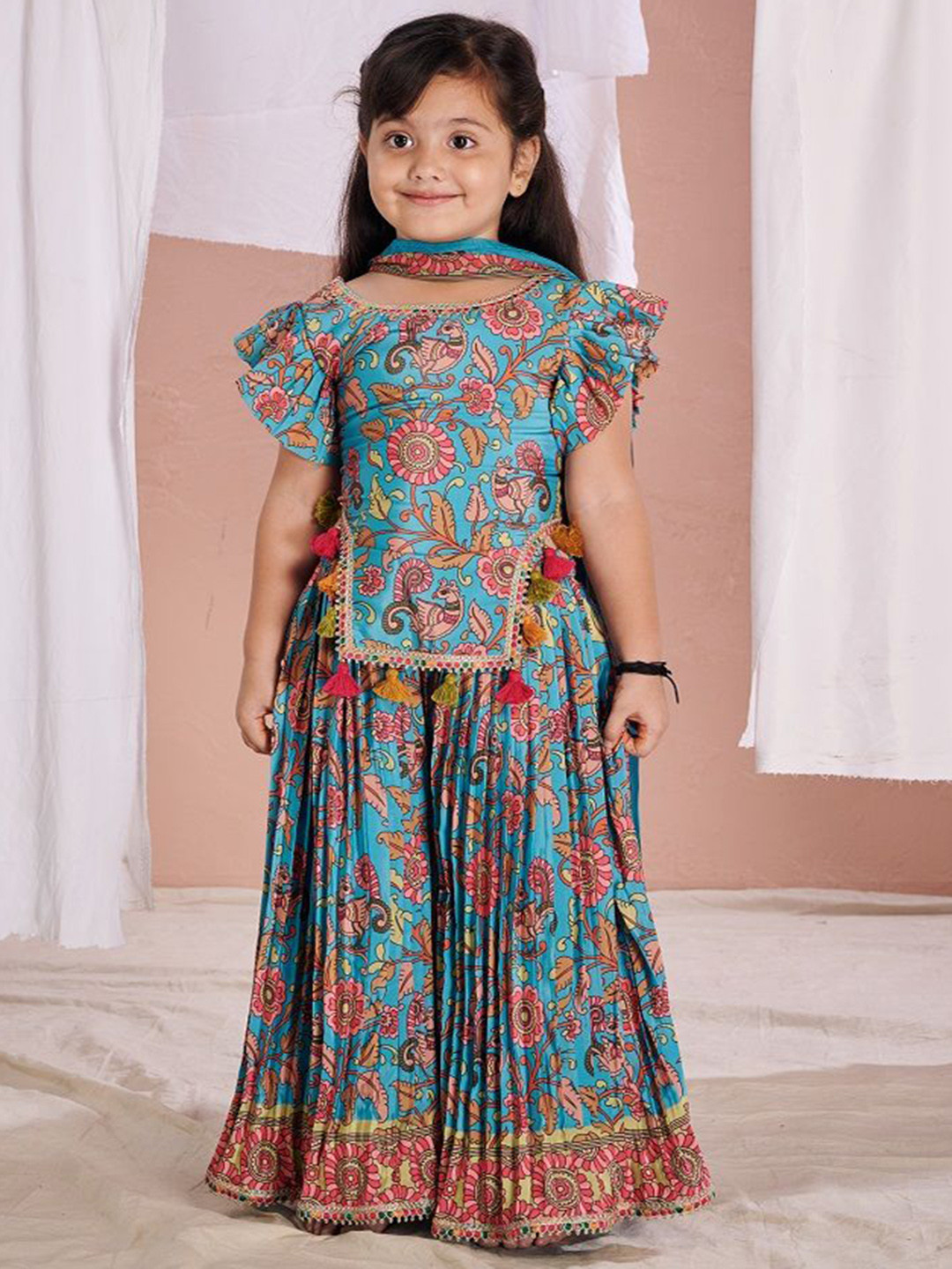 Vivedkids Girls Floral Kalamkari Printed Top with Palazzos & Dupatta