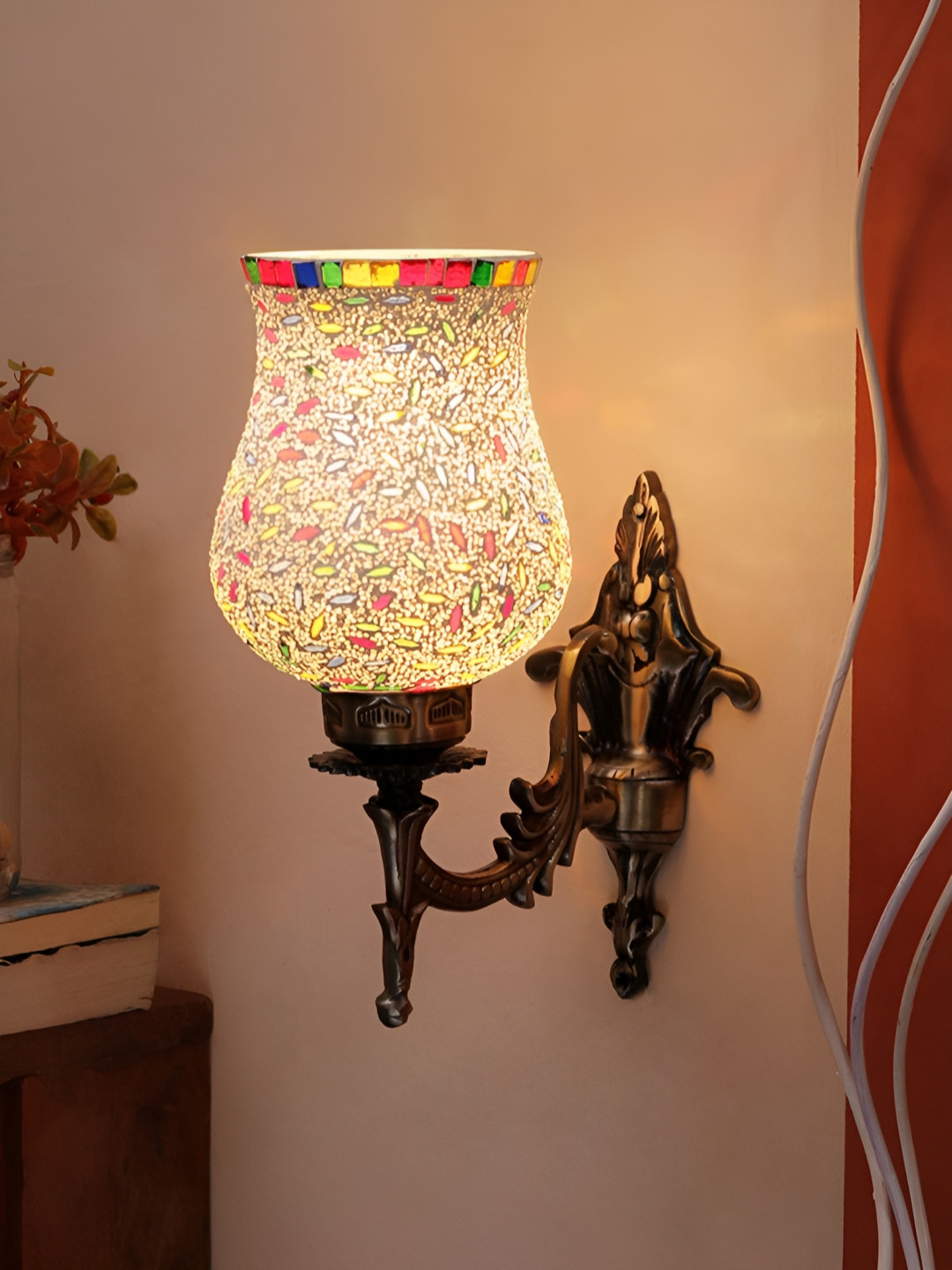 Devansh White & Red Textured Metal Glass Contemporary Bell Shaped Wall Lamp