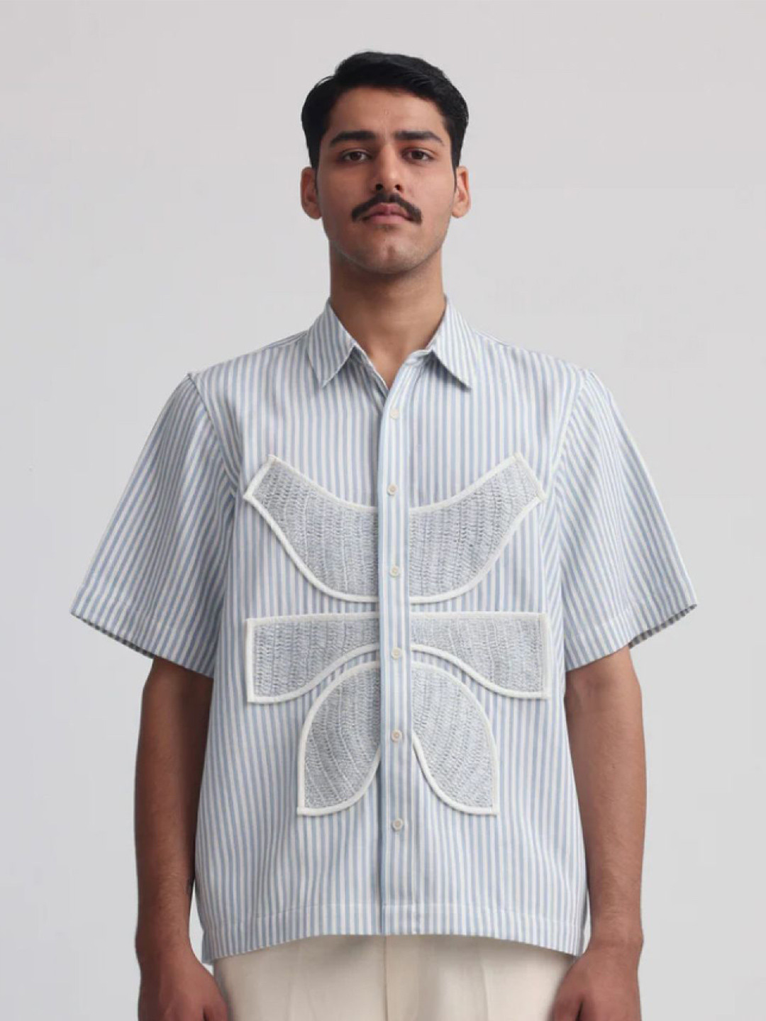 MARGN Men Relaxed Spread Collar Vertical Striped Cotton Casual Shirt