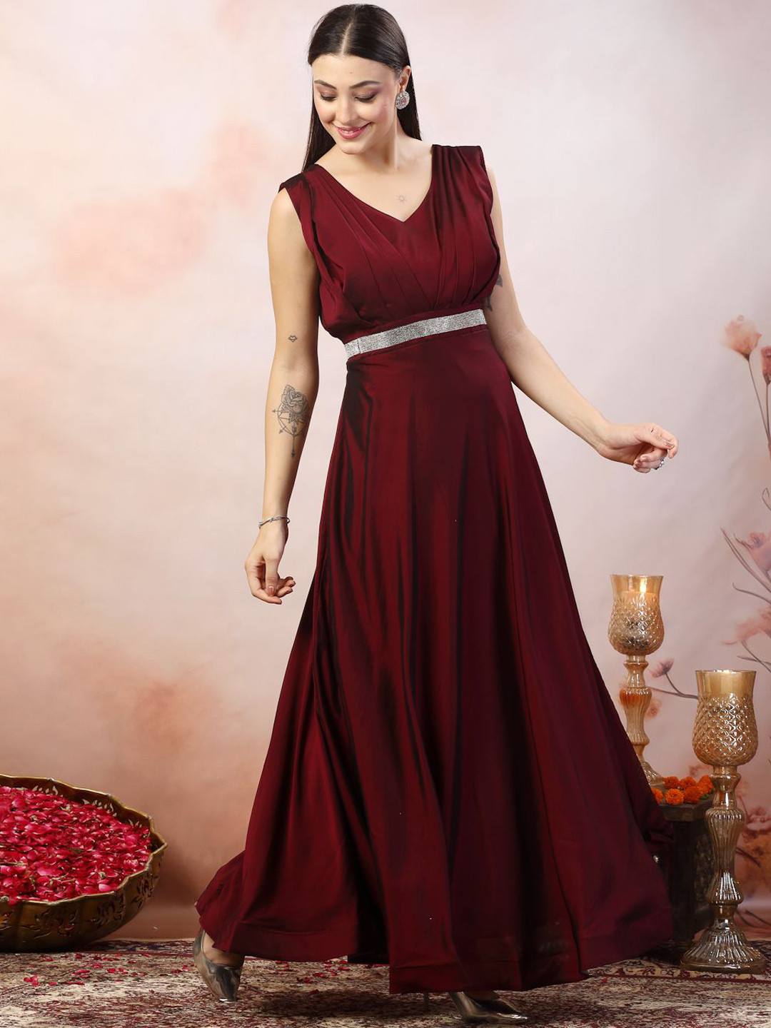 Stylum Women Wine Solid Party Wear Satin Gown