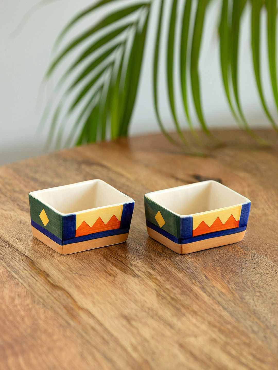 ExclusiveLane White & Blue 2 Pieces Printed Ceramic Dip Bowls 80ml Each