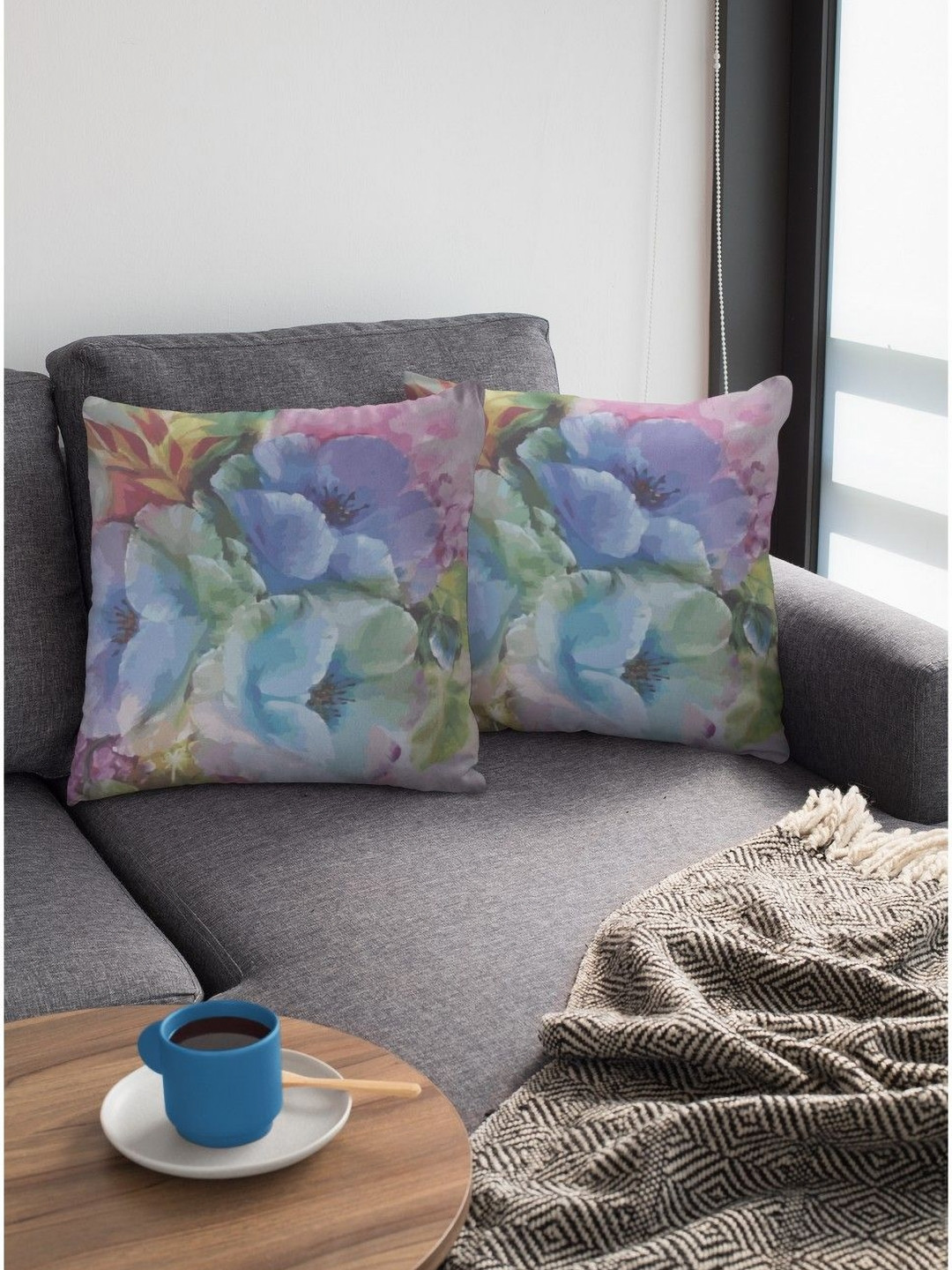 THEYAYACAFE Blue & Pink 2 Pieces Floral Printed Velvet Square Cushion Covers