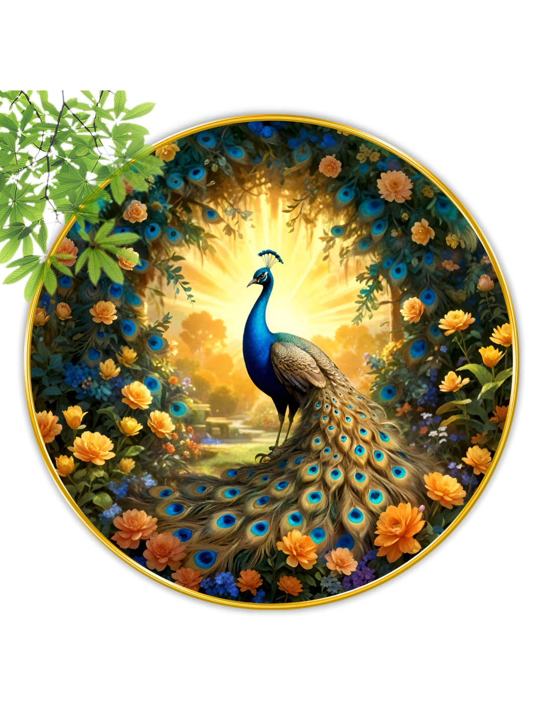 Aura Gold-Toned & Blue Birds and Animals Round Shaped Wooden Wall Art