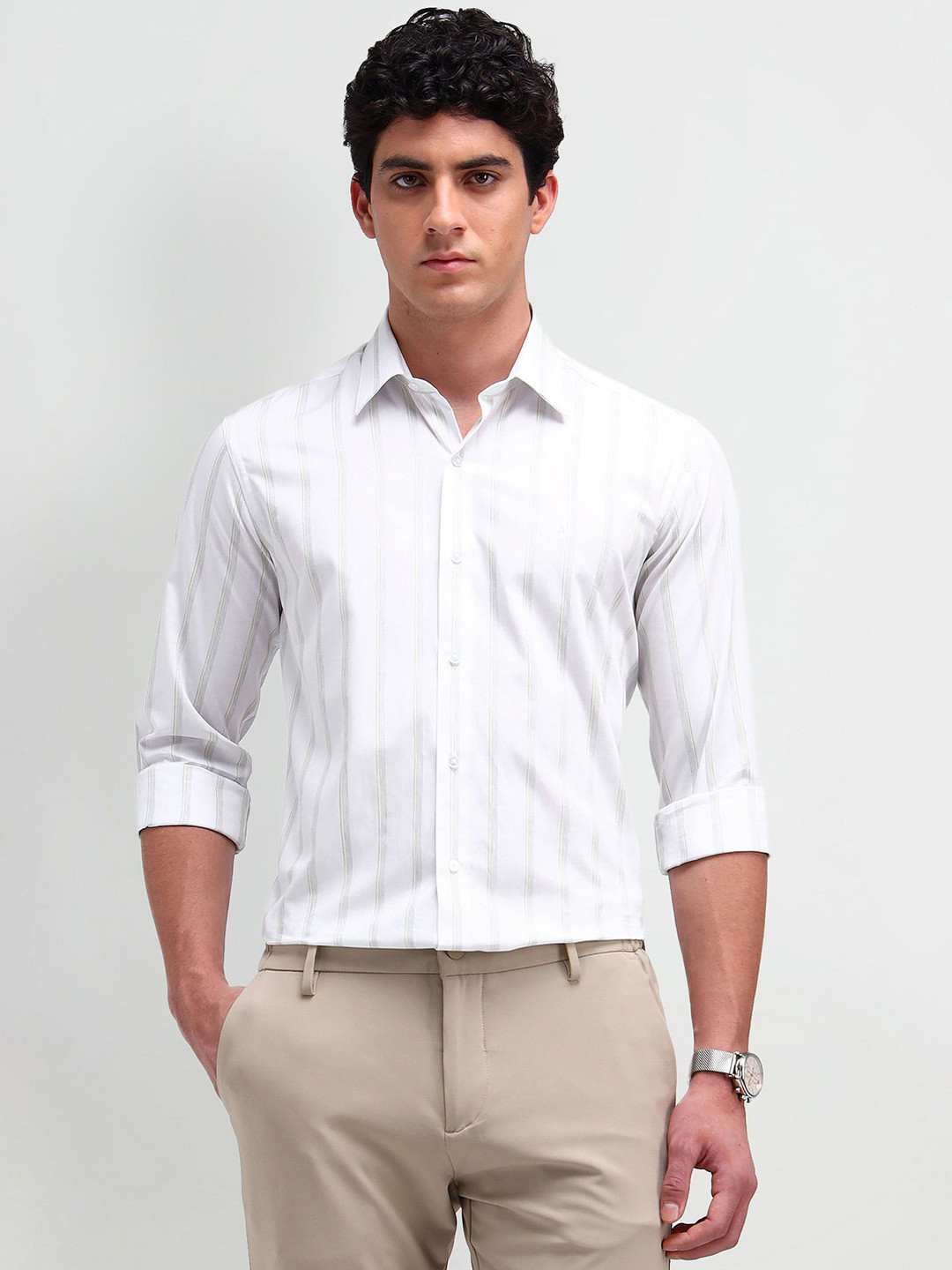 Arrow New York Men Modern Spread Collar Vertical Striped Cotton Slim Fit Formal Shirt