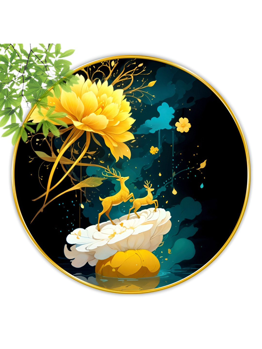 SAF Black & Yellow Wooden Round Shape Wall Paintings