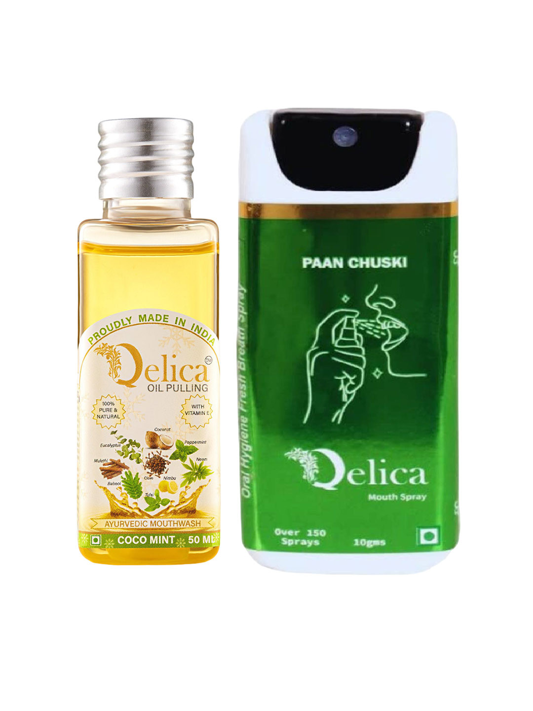Qelica Set Of 2 Ayurvedic Coco Mint Oil Pulling-50ml With Paan Chuski Mouth Spray-10ml