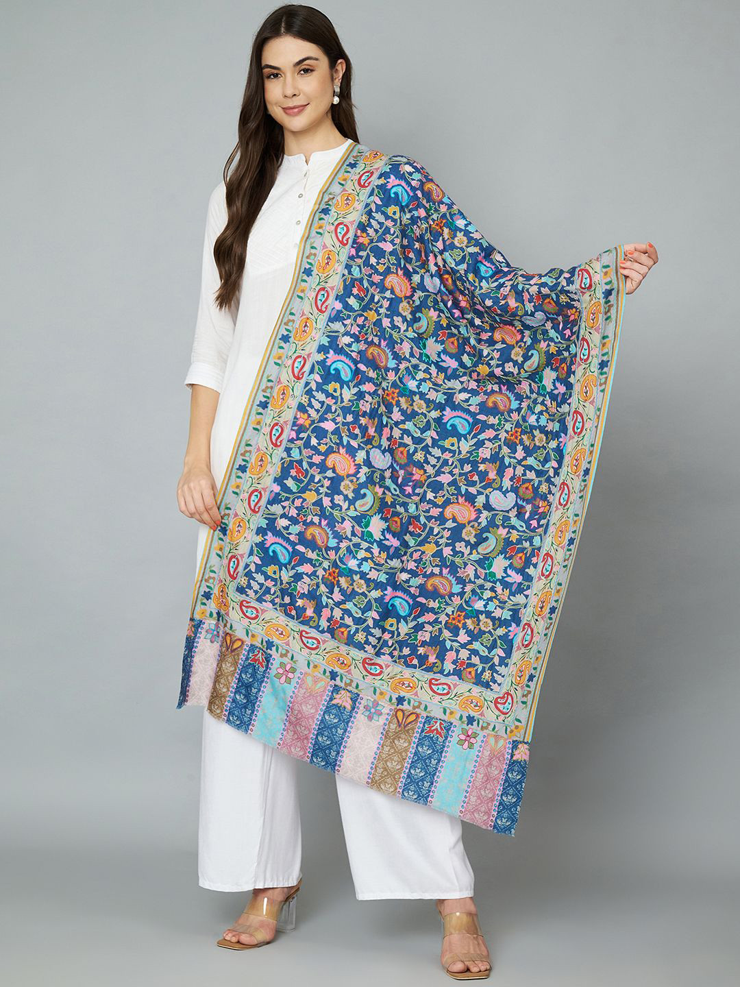 MUFFLY Womens Pure Wool Kalamkari Print and Aari Embroidery Stole with Kani pattern