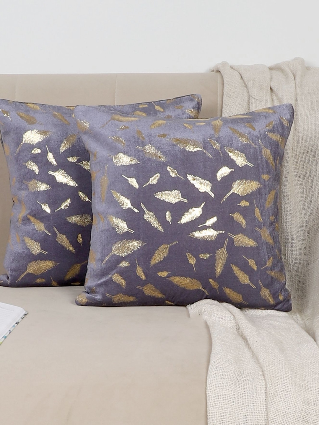 MFD HOME FURNISHING Purple Leaf Velvet Durable 2 Square Cushion Covers -15.7x15.7In