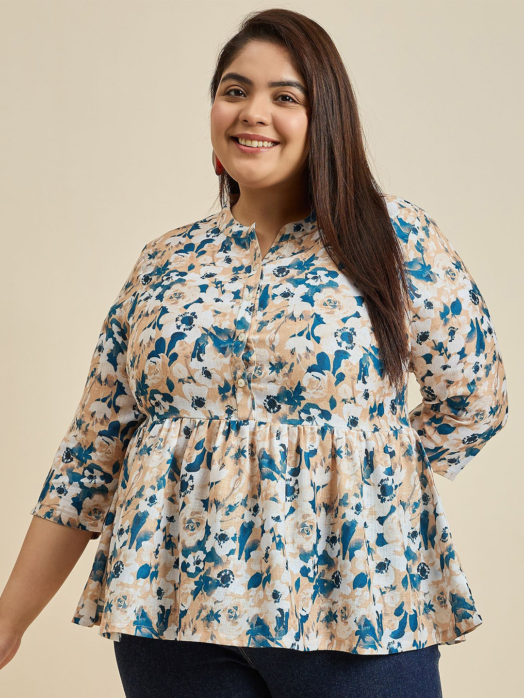 Sztori Women Floral Printed Mandarin Collar Top