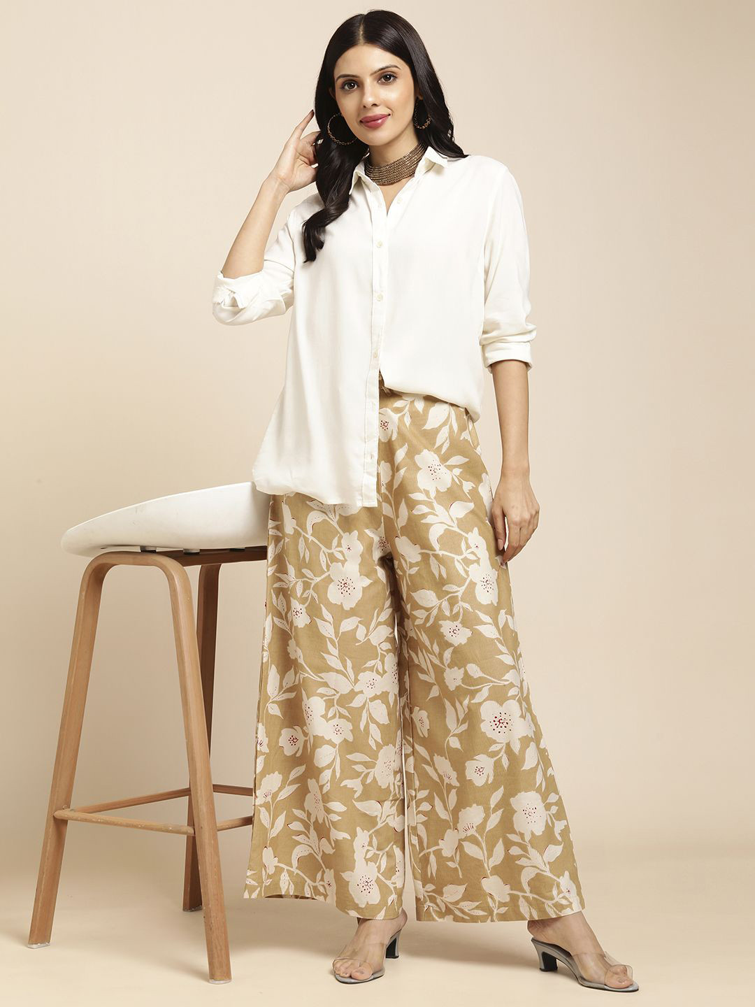 RATAN Women Cotton Printed Loose Fit Flared Wide Leg Palazzo Pants