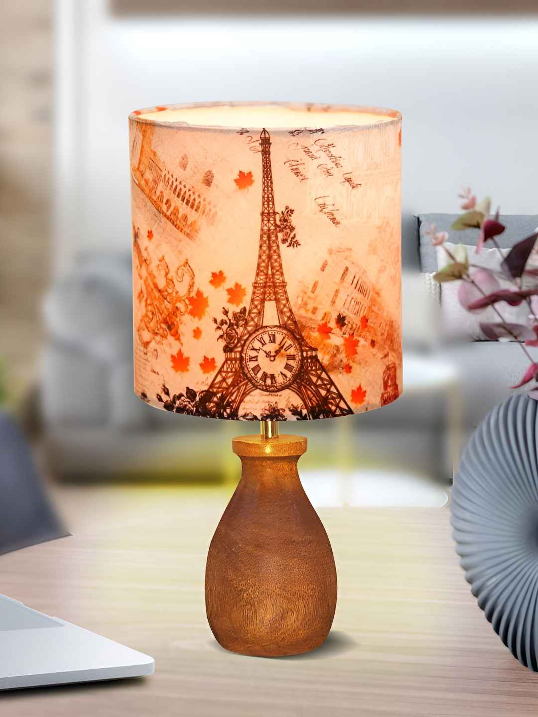 Homesake Brown & Orange-Coloured Printed Wooden Cylindrical Table Lamp With Bulb