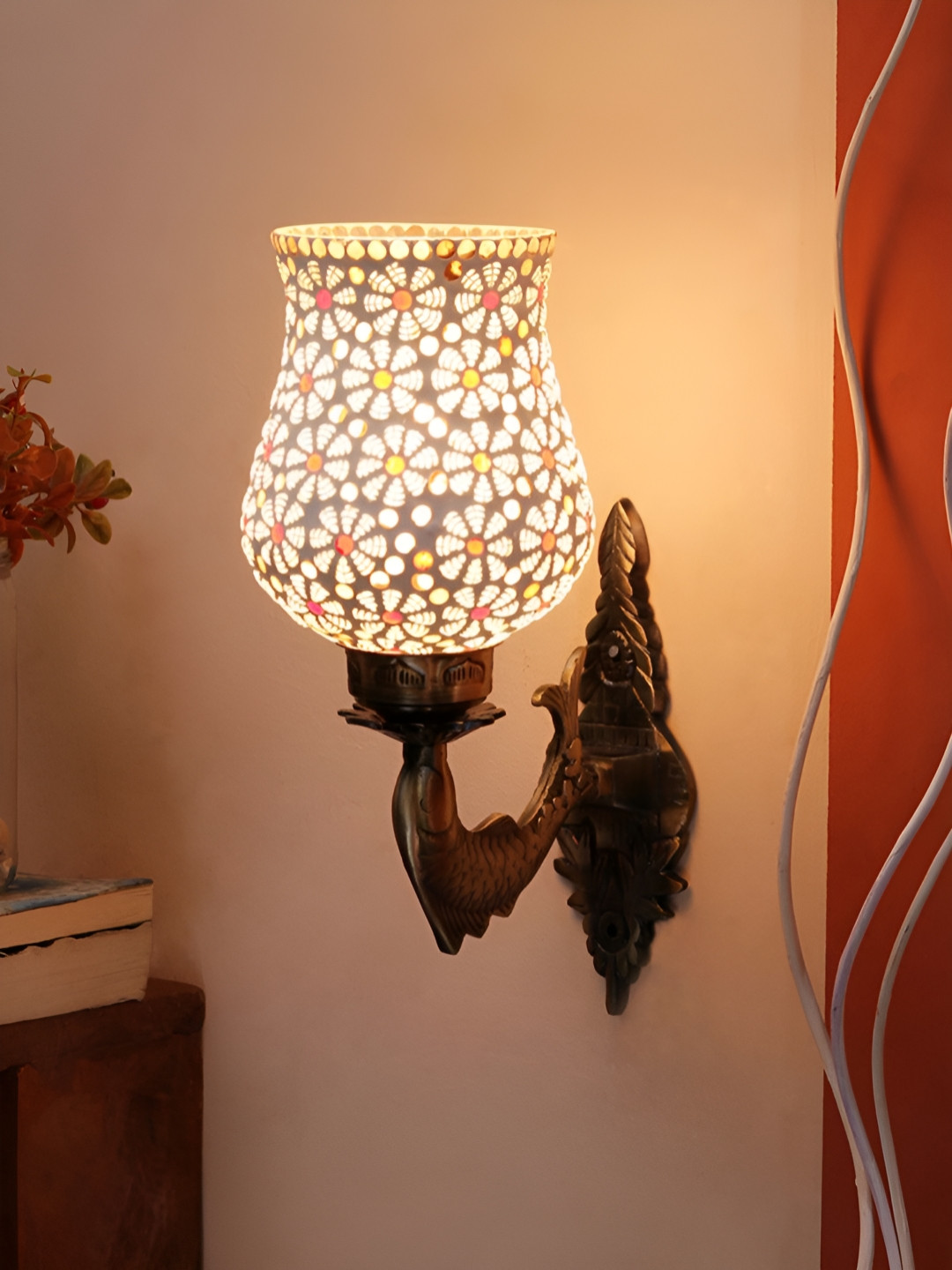 Devansh White & Gold-Toned Geometric Textured Bell Shaped Metal & Glass Wall Lamp