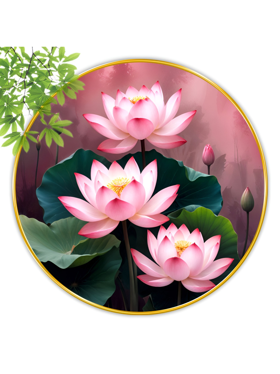 Aura Green & Pink Lotus Flower Round Shaped Wooden Wall Art