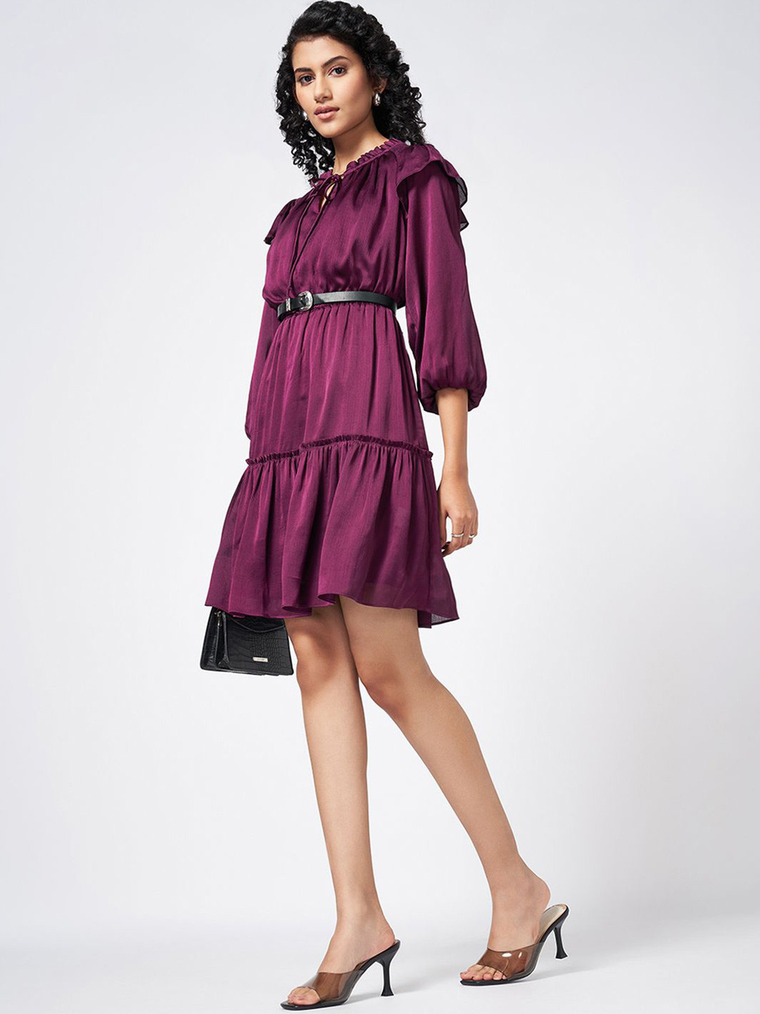 Honey by Pantaloons Tie-Up Neck Puff Sleeve Fit & Flare Dress Come with Belt