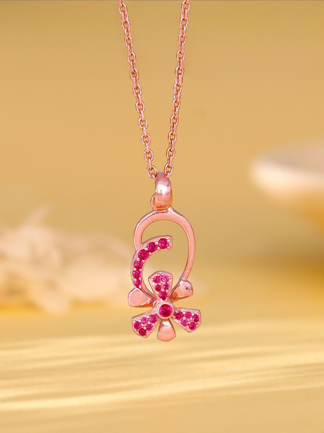 GIVA 925 Silver Rose Gold-Plated Stones Studded Musli Spin Pendant With Chain