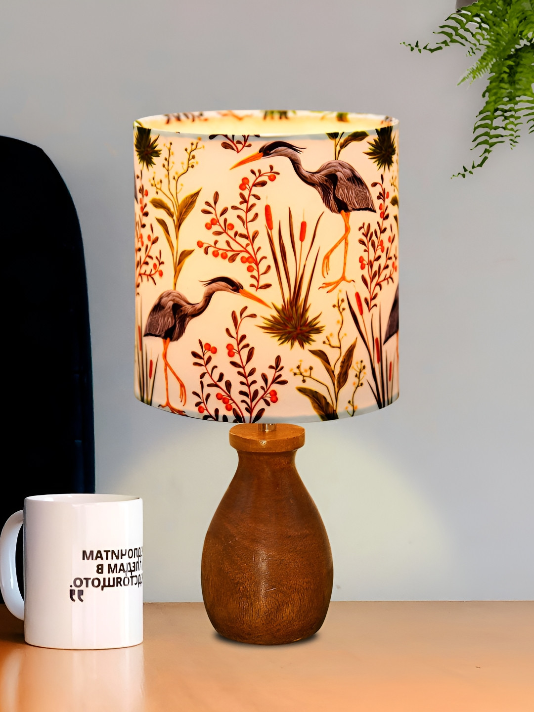 Homesake Brown & Green Printed Wooden Cylindrical Shaped Table Lamp With Bulb