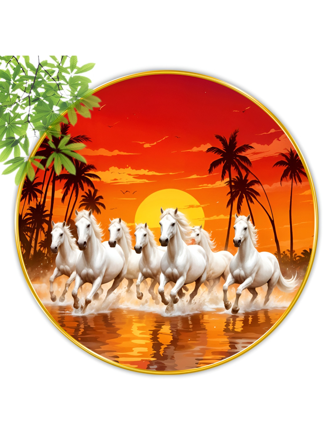 SAF Orange & Yellow Seven Horse Wooden Round Shaped Wall Paintings