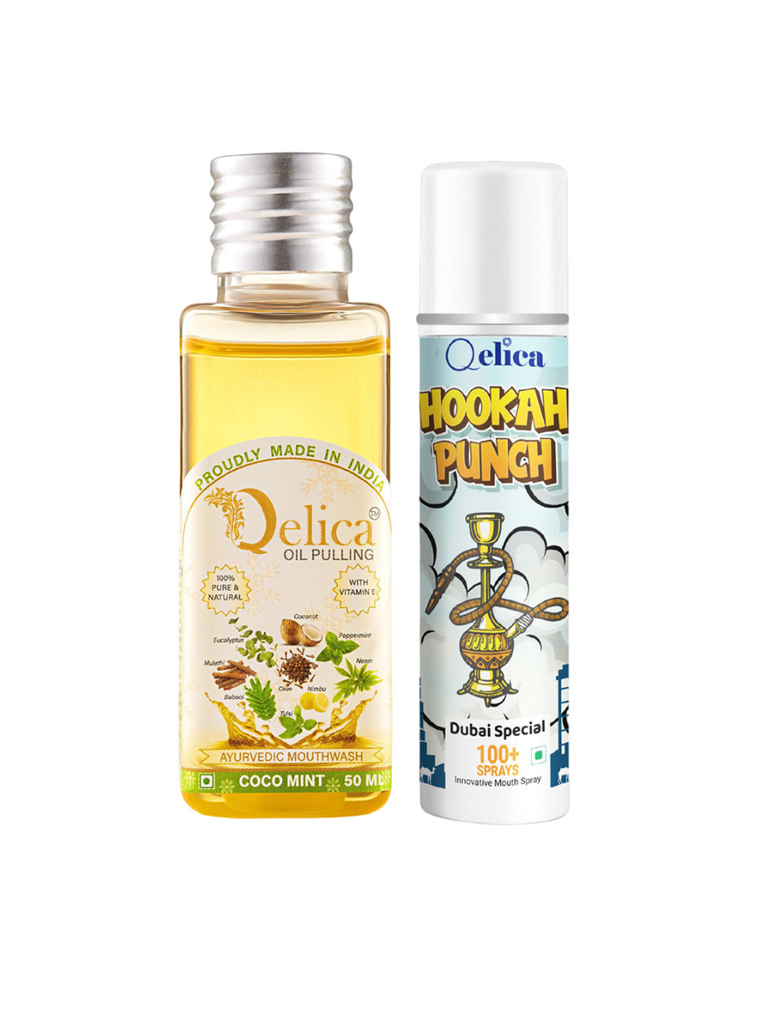 Qelica 2 Pcs Hookah Punch Spray 10ml With Ayurvedic Coco Mind Oil Pulling Mouthwash -50ml