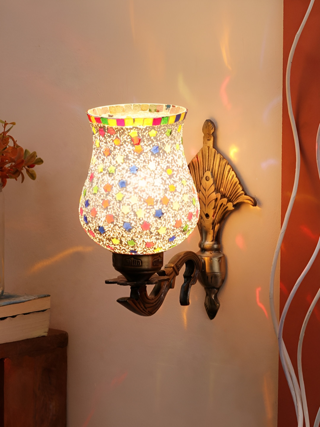 Devansh White & Blue Geometric Textured Bell Shaped Metal & Glass Wall Lamp