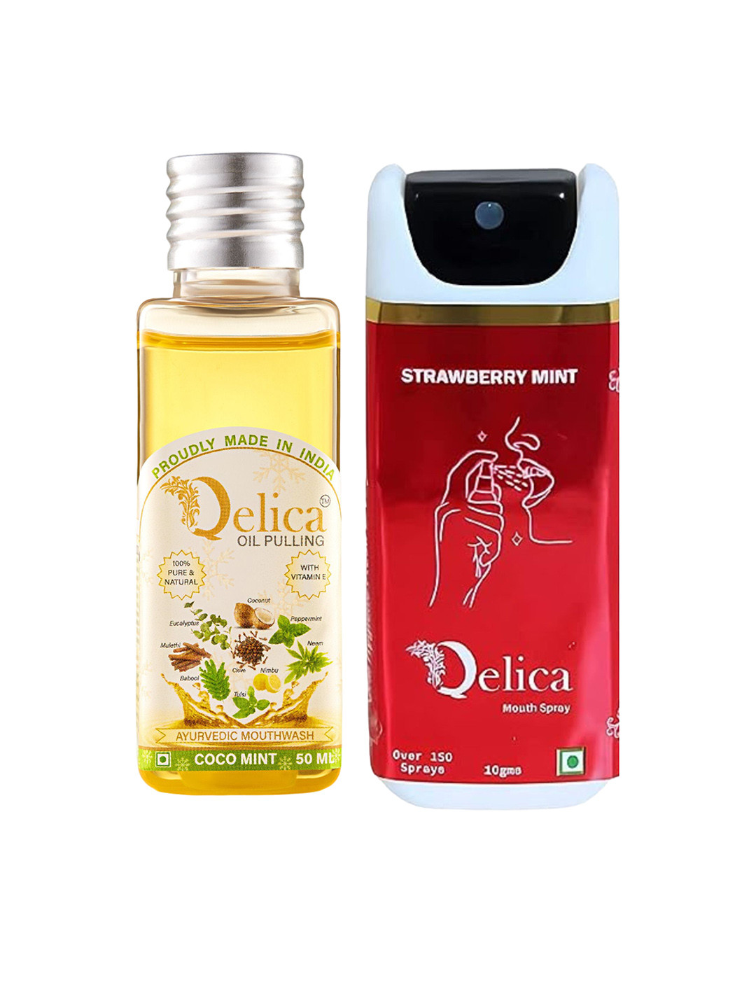 Qelica Set Of 2 Ayurvedic Oil Pulling-50ml With Strawberry Mouth Freshener-10 ml
