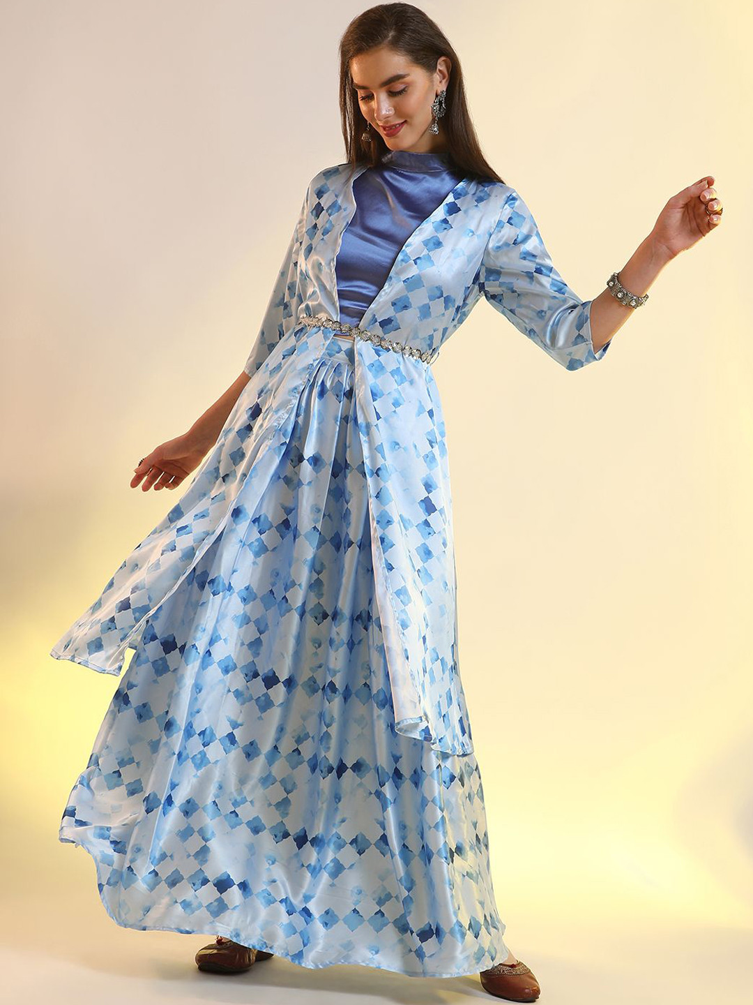 QISSA Geometric Printed Top & Maxi Skirts With Shurg