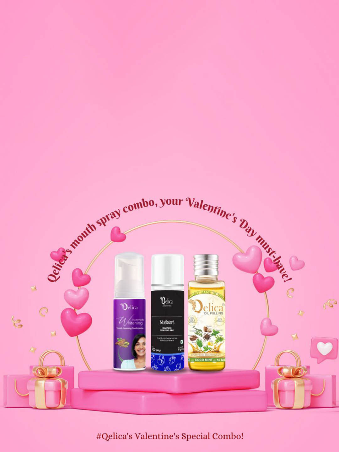 Qelica 3 Pcs Ayurvedic Coco Mint Mouthwash-50ml & Teeth Foram-10g & Blueberre Spay-50ml