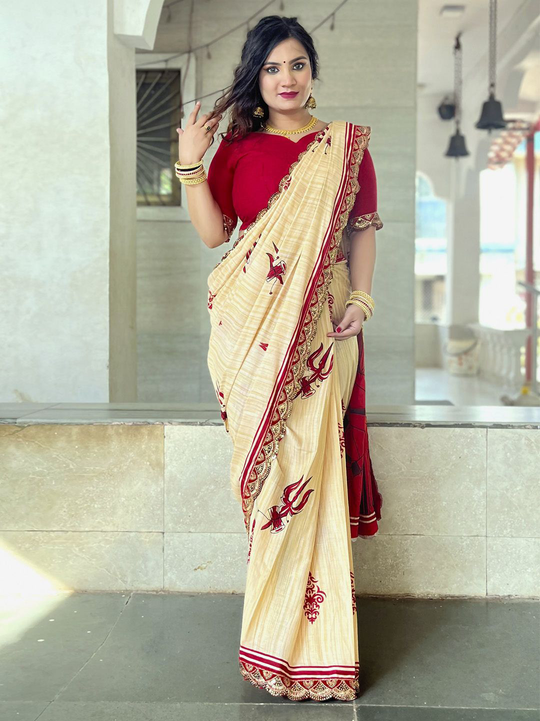 Anouk Ethnic Motifs Beads and Stones Block Print Saree with Matching Blouse