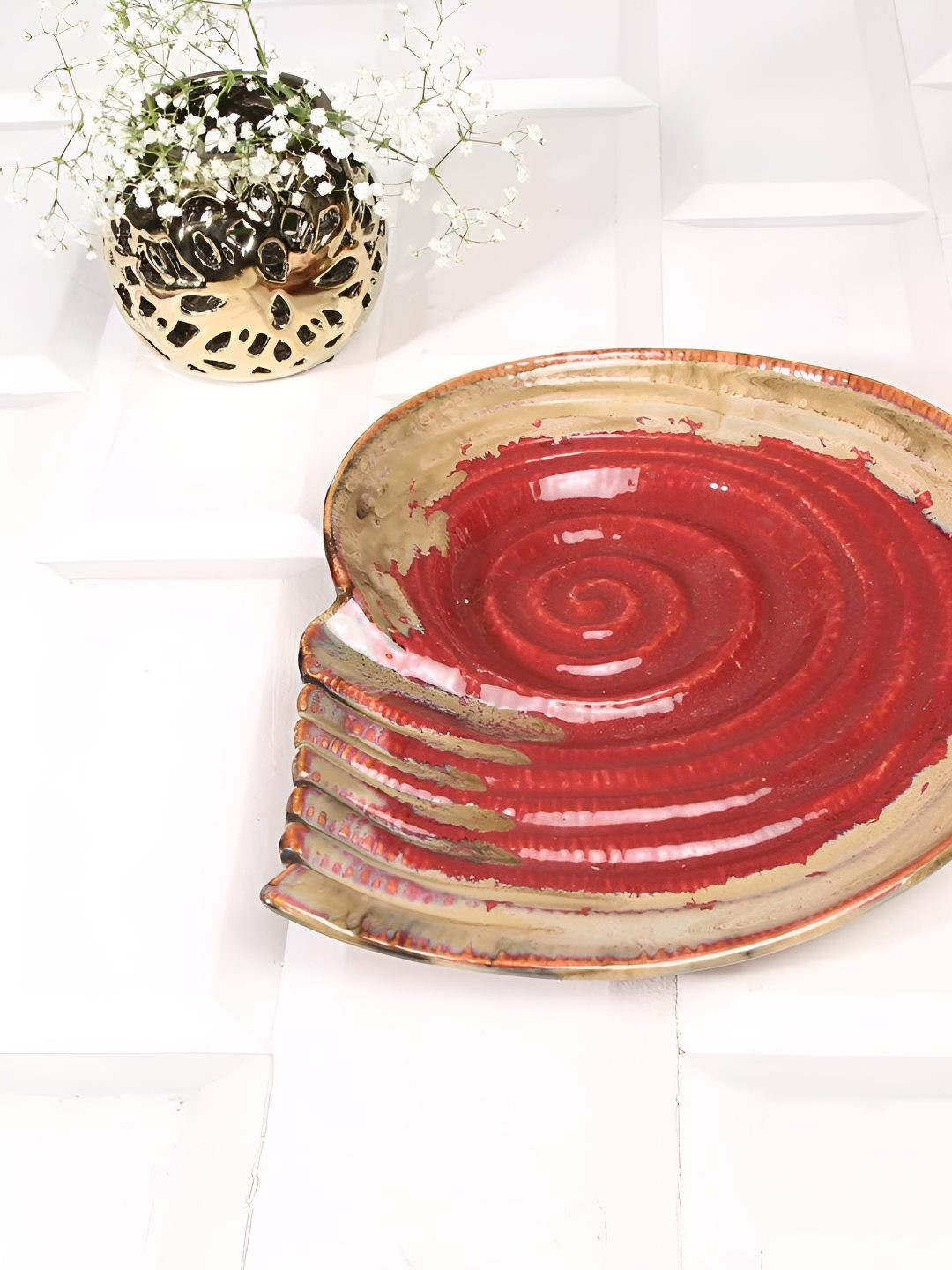 AMALAFIEE CERAMICS Red & Beige Textured Ceramic Food Platter