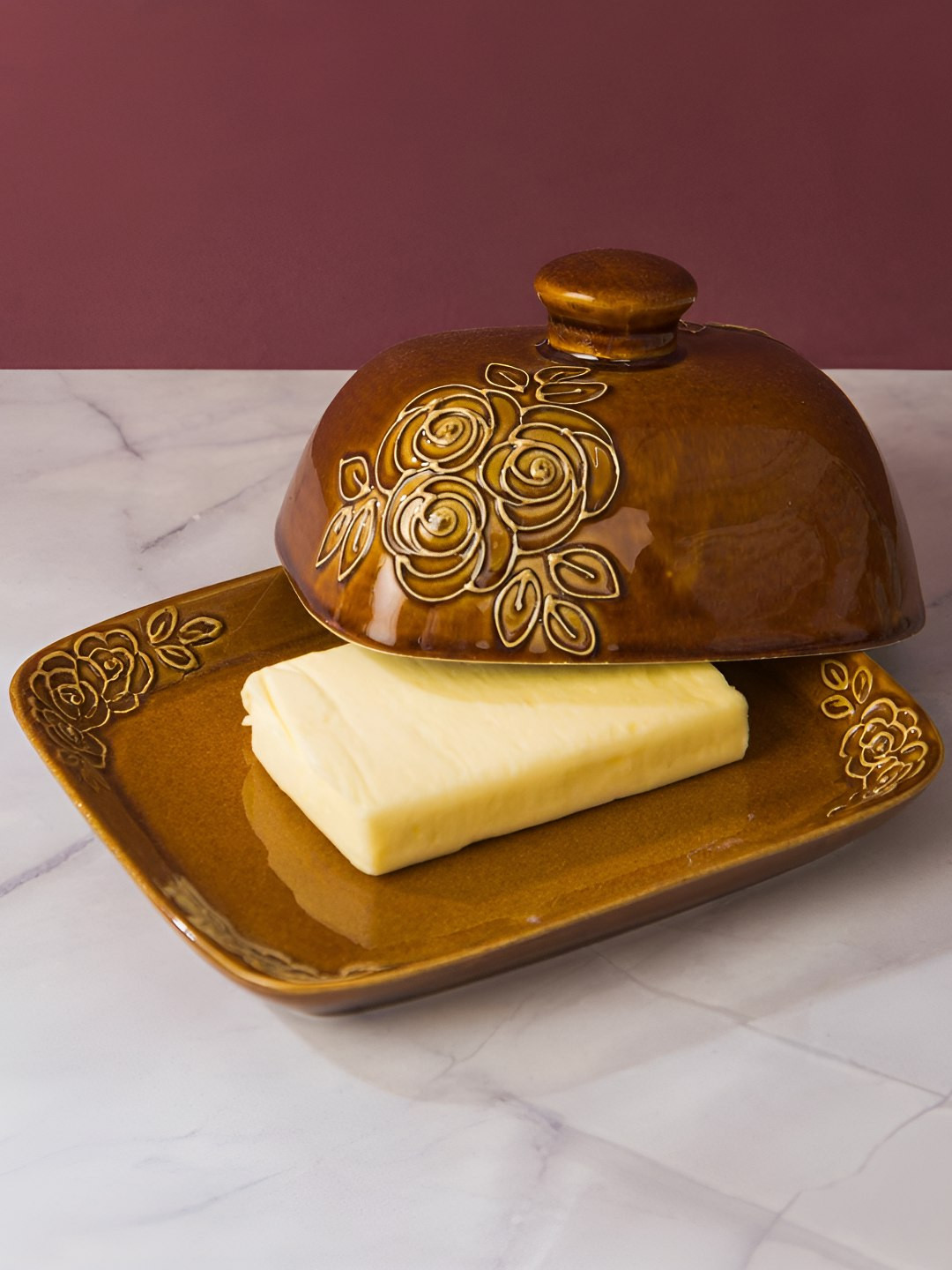 Fabindia Chintz Mustard Brown 2 Pieces Ceramic Easy to Clean Food Platter