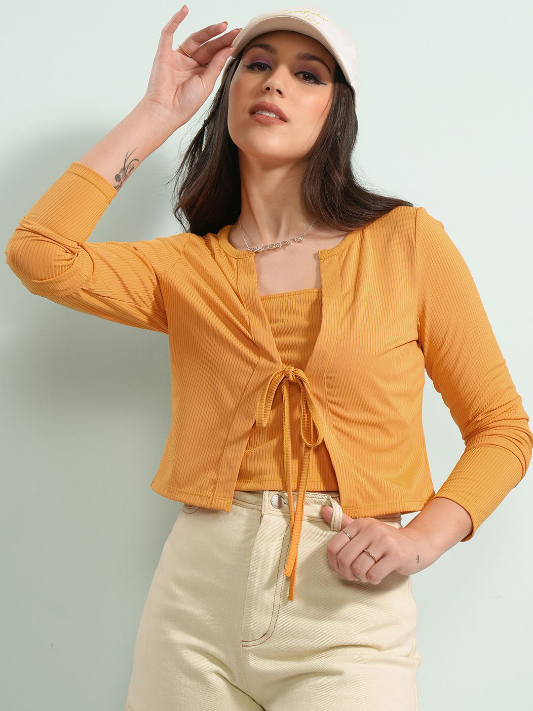Tokyo Talkies Yellow Ribbed Top With Jacket & Shorts