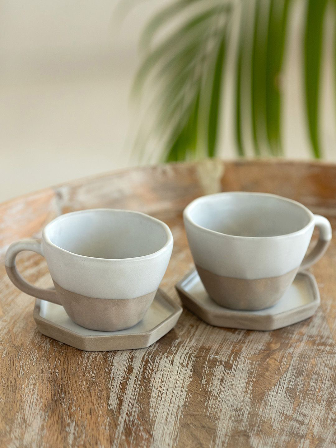 ExclusiveLane Grey & Beige 2 Pieces Ceramic Glossy Tea Cups With Saucers