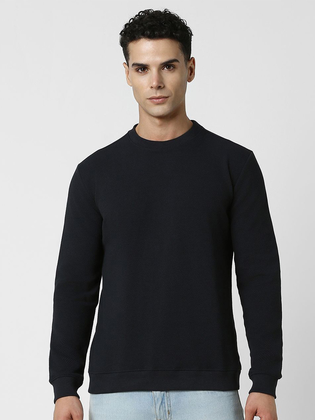 VAN HEUSEN DENIM LABS Men Solid Self Designed Sweatshirt