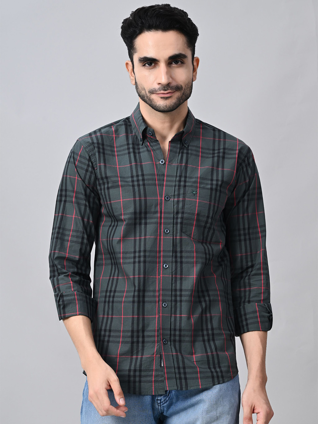 STARFOX Men Comfort Button-Down Collar Tartan Checked Cotton Formal Shirt