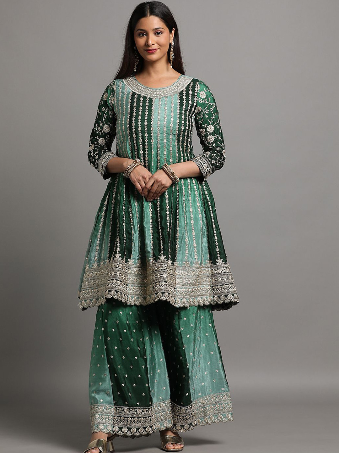 Miss Ethnik Floral Embroidered Sequinned A-Line Kurta with Sharara & Dupatta