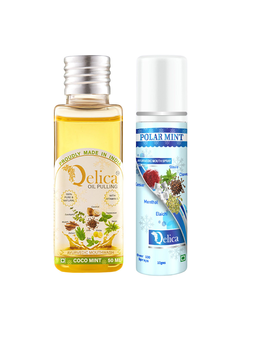 Qelica  Qelica Set Of 2 Ayurvedic Oil Pulling-50ml With Polar Mint Mouth Spray-10ml