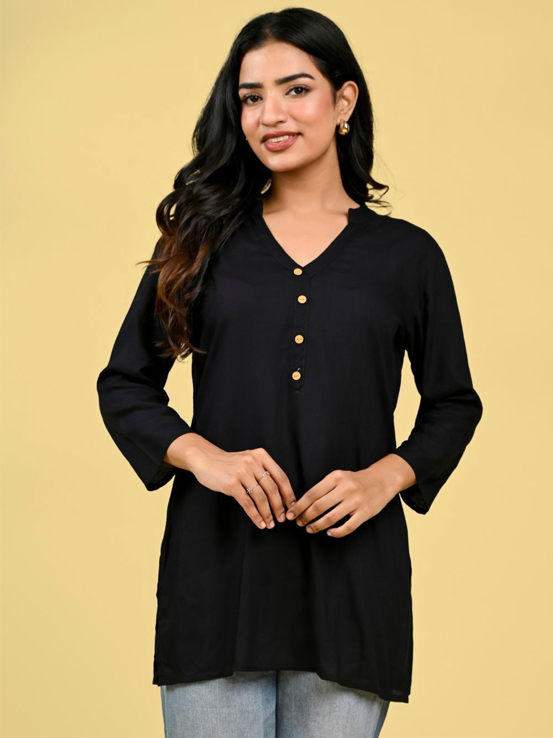 GORDHAN Women Solid V-Neck Short Tunic