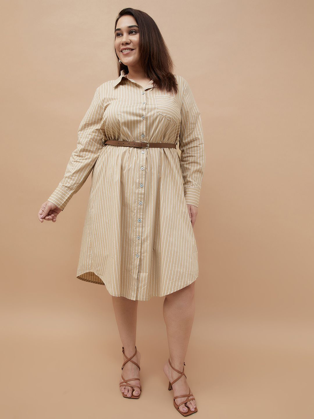 Women Plus Size Stripe Printed Shirt Mini Dress